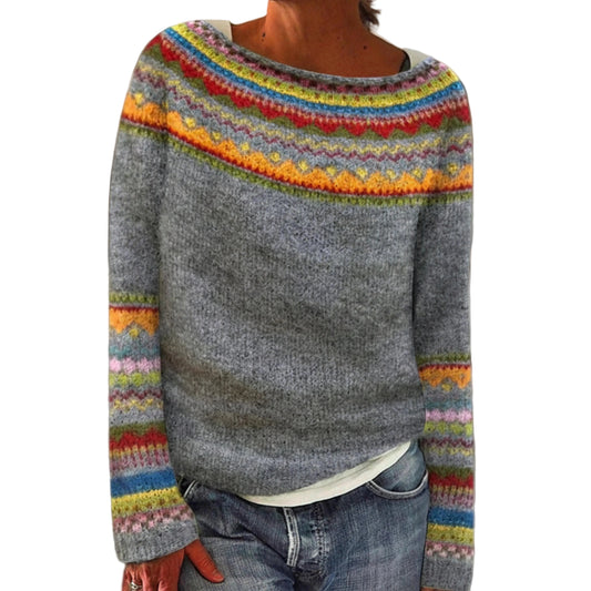 Women's Round Neck Knit Sweater With Pattern Detail-Jivoca