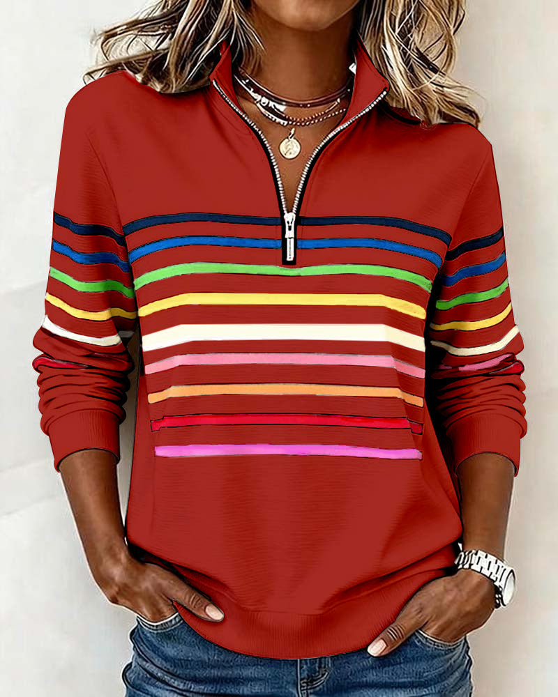 Women's Striped Half-Zip Sweatshirt With Stand Collar-Jivoca