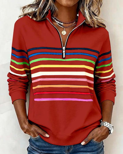 Women's Striped Half-Zip Sweatshirt With Stand Collar-Jivoca