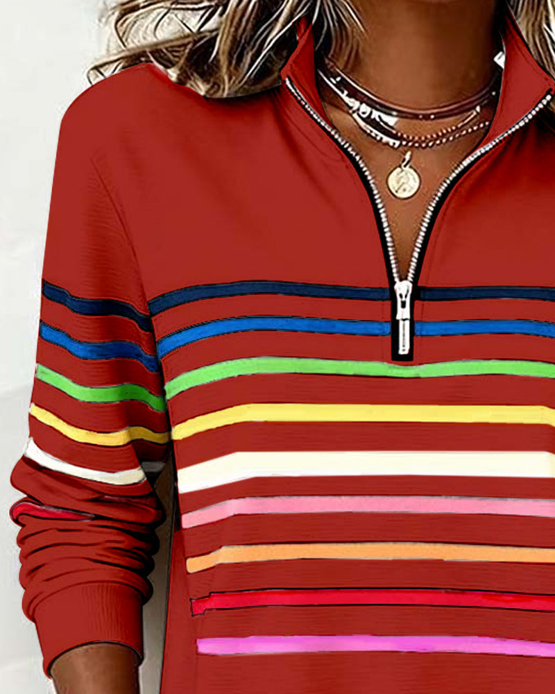 Women's Striped Half-Zip Sweatshirt With Stand Collar-Jivoca