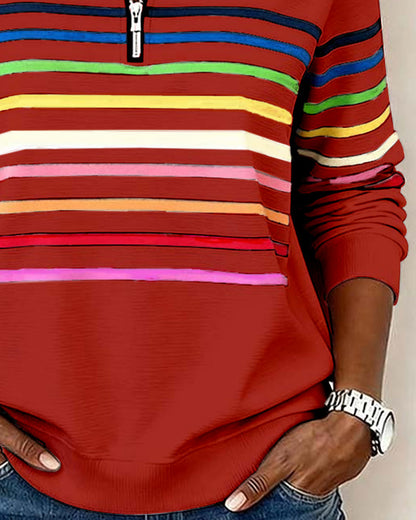 Women's Striped Half-Zip Sweatshirt With Stand Collar-Jivoca