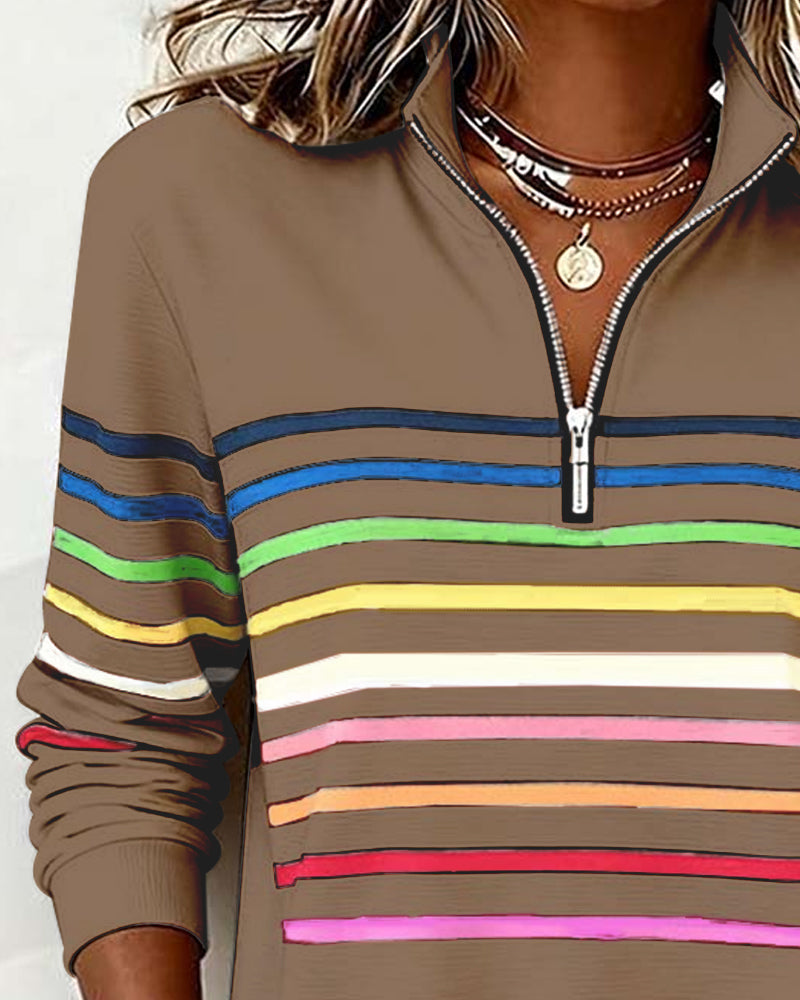 Women's Striped Half-Zip Sweatshirt With Stand Collar-Jivoca