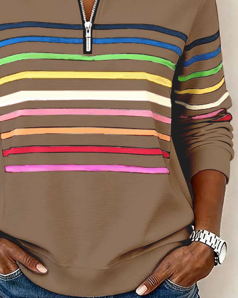 Women's Striped Half-Zip Sweatshirt With Stand Collar-Jivoca