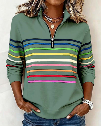 Women's Striped Half-Zip Sweatshirt With Stand Collar-Jivoca