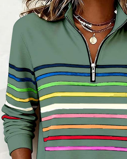 Women's Striped Half-Zip Sweatshirt With Stand Collar-Jivoca