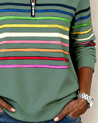 Women's Striped Half-Zip Sweatshirt With Stand Collar-Jivoca