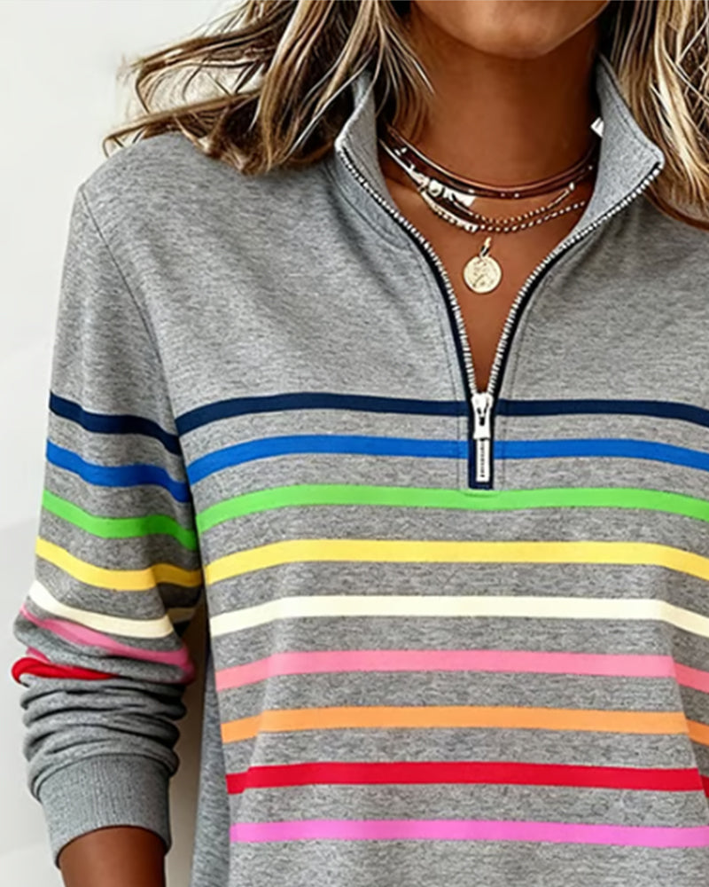Women's Striped Half-Zip Sweatshirt With Stand Collar-Jivoca
