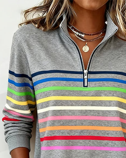 Women's Striped Half-Zip Sweatshirt With Stand Collar-Jivoca