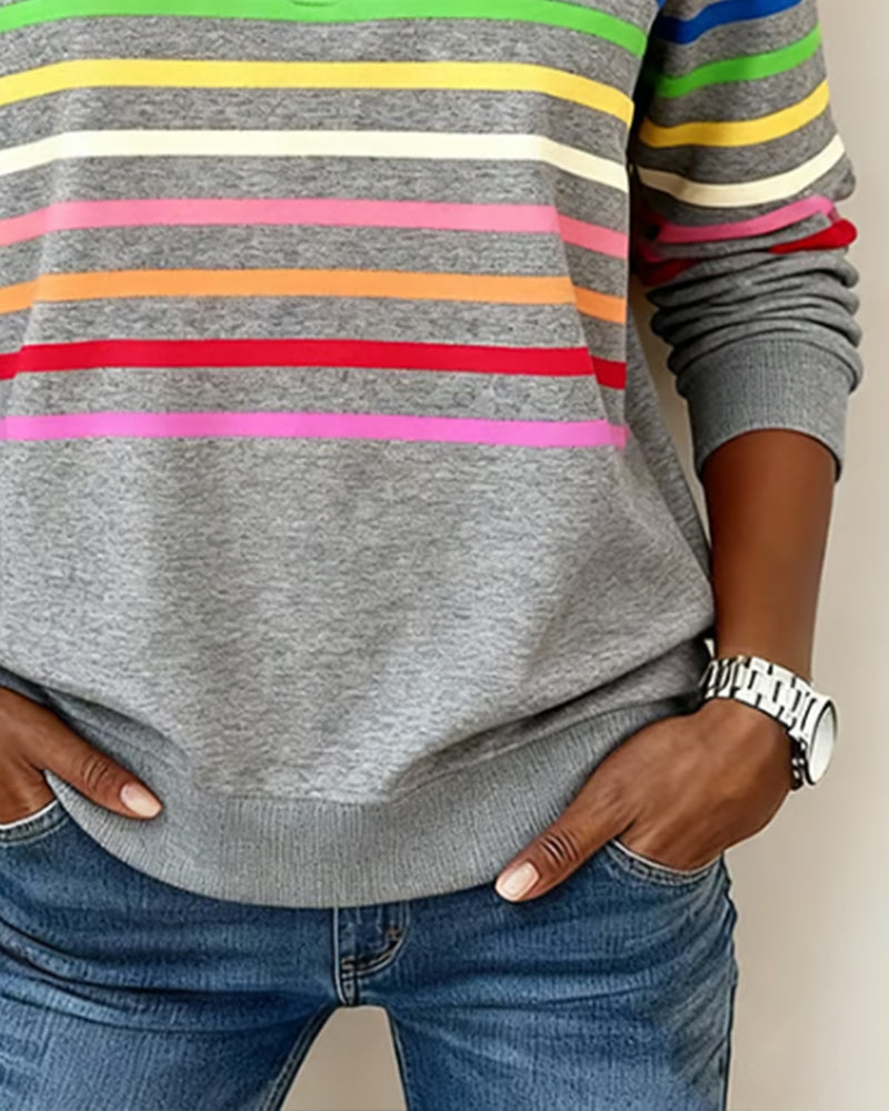 Women's Striped Half-Zip Sweatshirt With Stand Collar-Jivoca