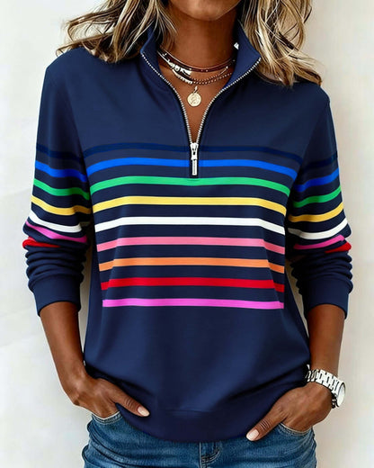 Women's Striped Half-Zip Sweatshirt With Stand Collar-Jivoca