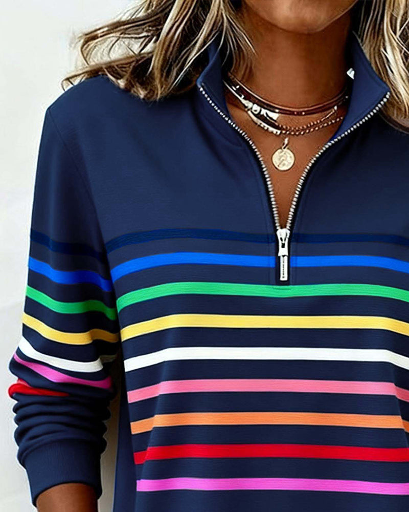 Women's Striped Half-Zip Sweatshirt With Stand Collar-Jivoca