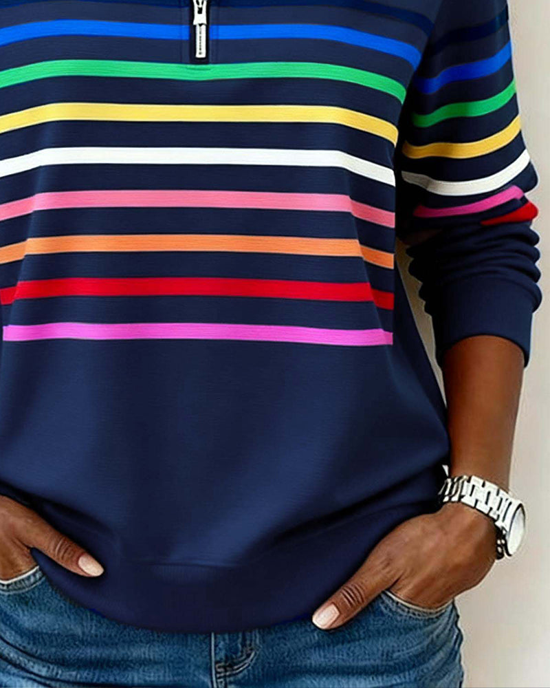 Women's Striped Half-Zip Sweatshirt With Stand Collar-Jivoca