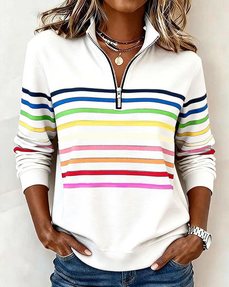 Women's Striped Half-Zip Sweatshirt With Stand Collar-Jivoca