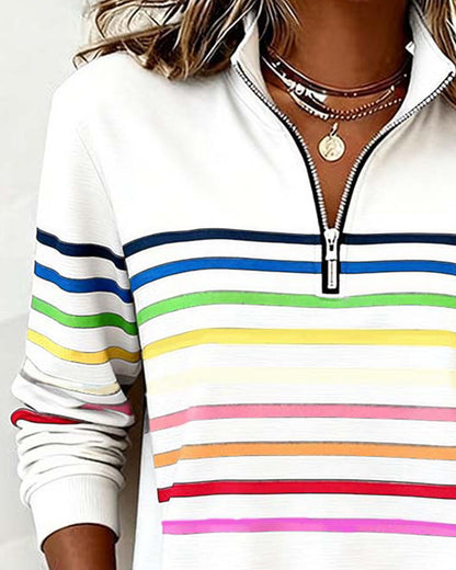 Women's Striped Half-Zip Sweatshirt With Stand Collar-Jivoca