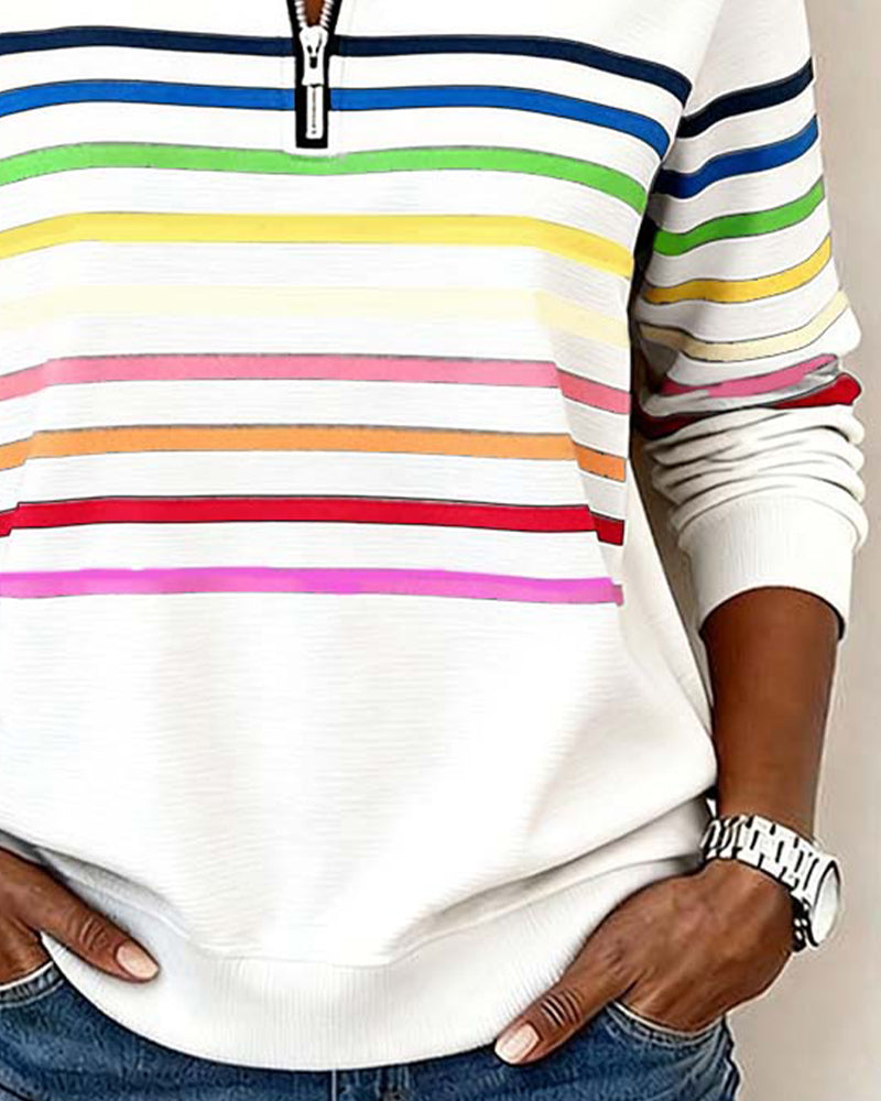 Women's Striped Half-Zip Sweatshirt With Stand Collar-Jivoca