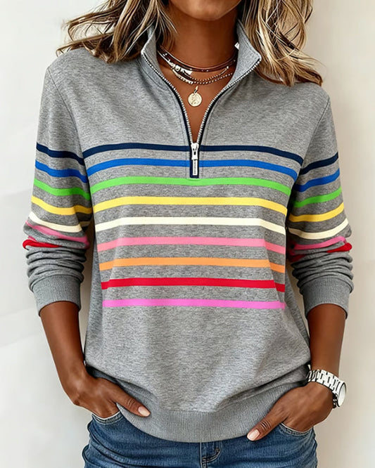 Women's Striped Half-Zip Sweatshirt With Stand Collar-Jivoca