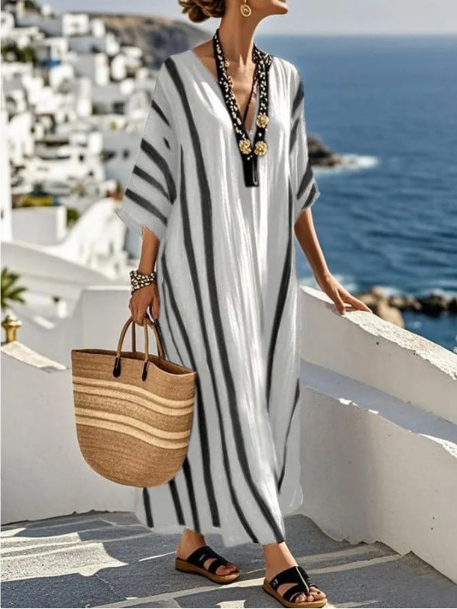 Women's Striped Long Kaftan Dress-Jivoca