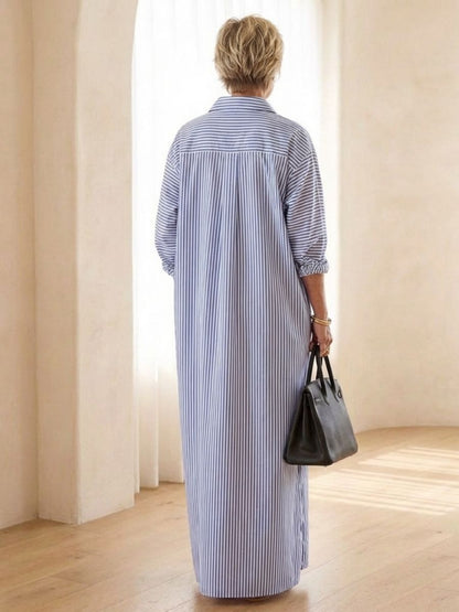 Women's Striped Maxi Shirt Dress With Collar And Long Sleeves-Jivoca