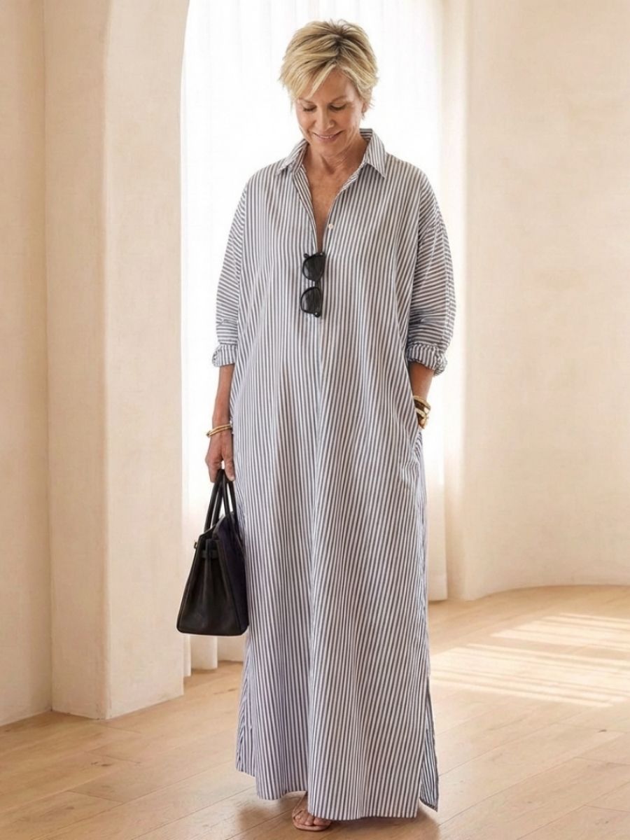 Women's Striped Maxi Shirt Dress With Collar And Long Sleeves-Jivoca