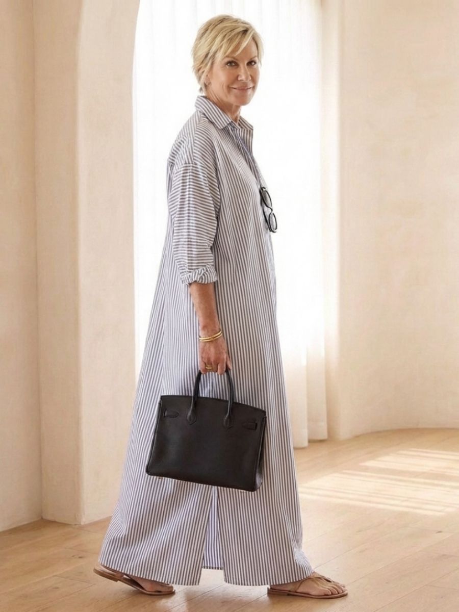 Women's Striped Maxi Shirt Dress With Collar And Long Sleeves-Jivoca