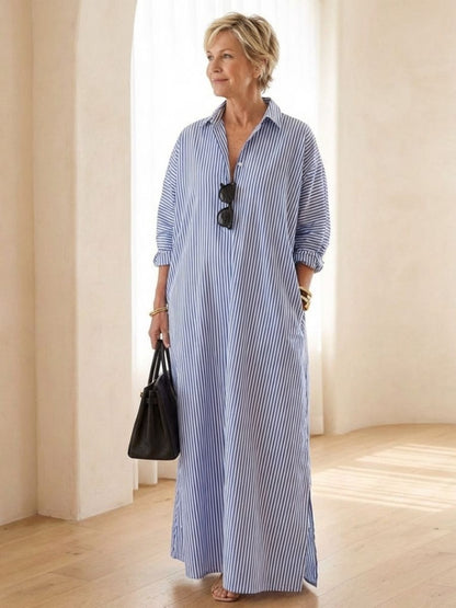 Women's Striped Maxi Shirt Dress With Collar And Long Sleeves-Jivoca