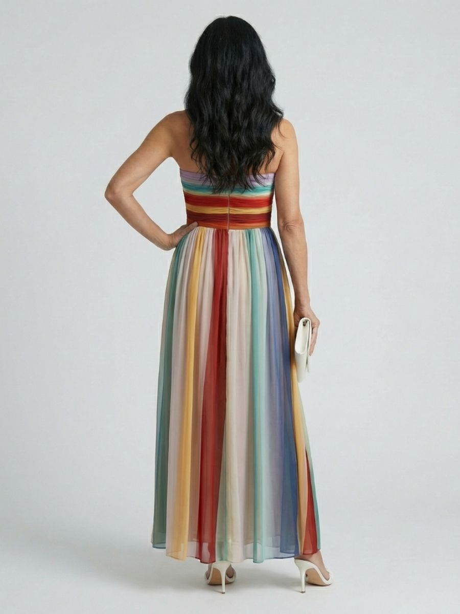 Women's Striped Strapless Maxi Dress With Pleated Skirt-Jivoca