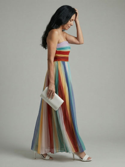 Women's Striped Strapless Maxi Dress With Pleated Skirt-Jivoca