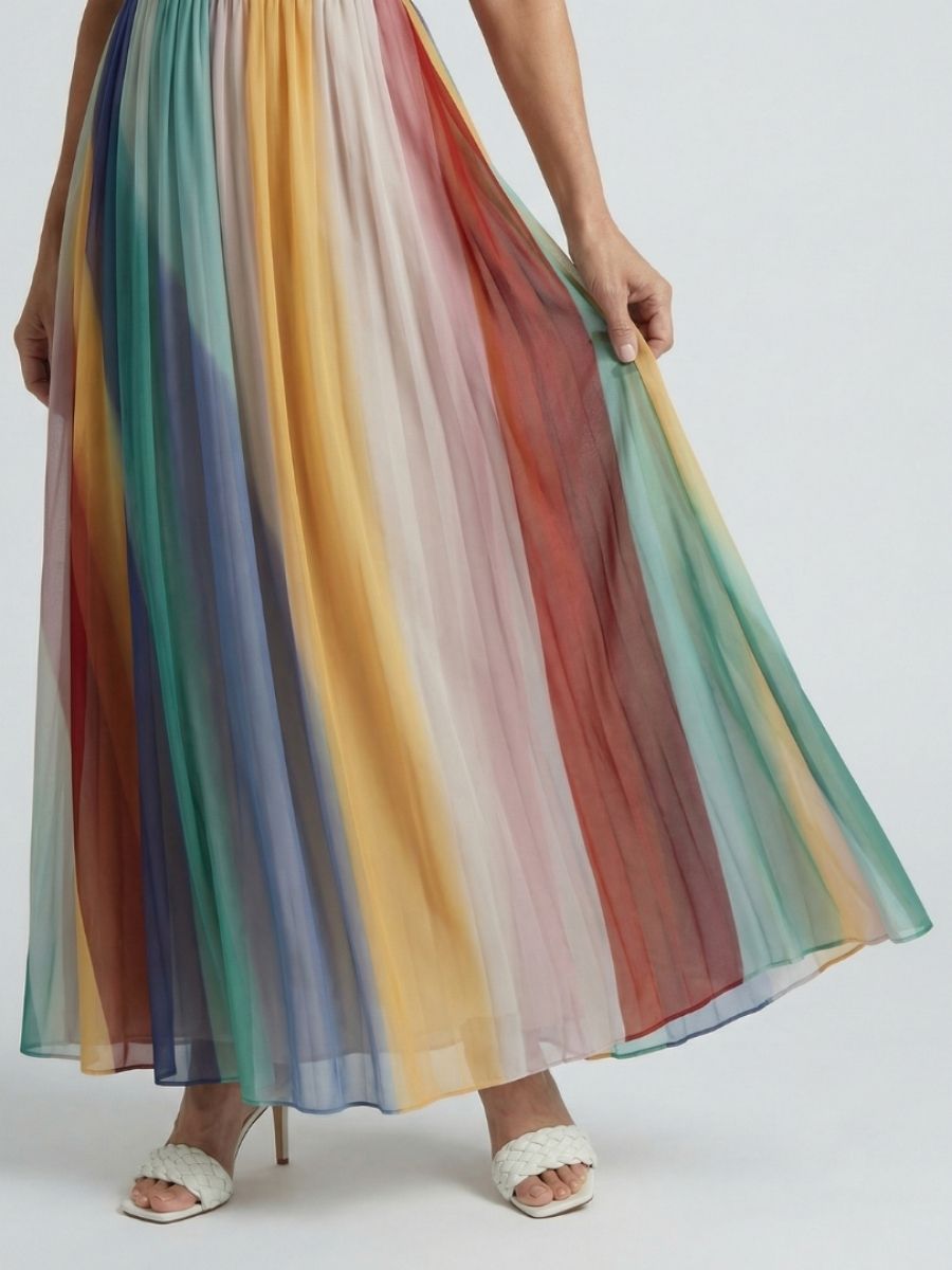 Women's Striped Strapless Maxi Dress With Pleated Skirt-Jivoca