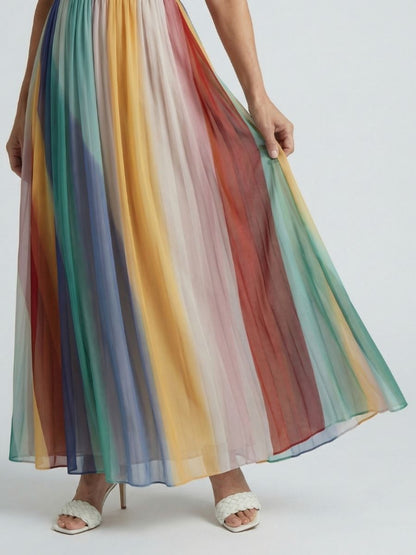 Women's Striped Strapless Maxi Dress With Pleated Skirt-Jivoca