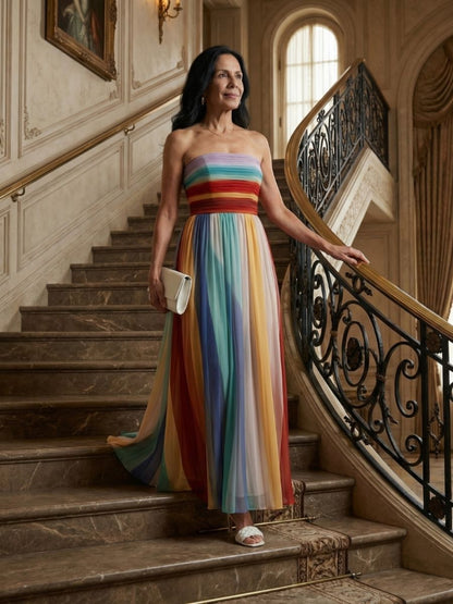 Women's Striped Strapless Maxi Dress With Pleated Skirt-Jivoca