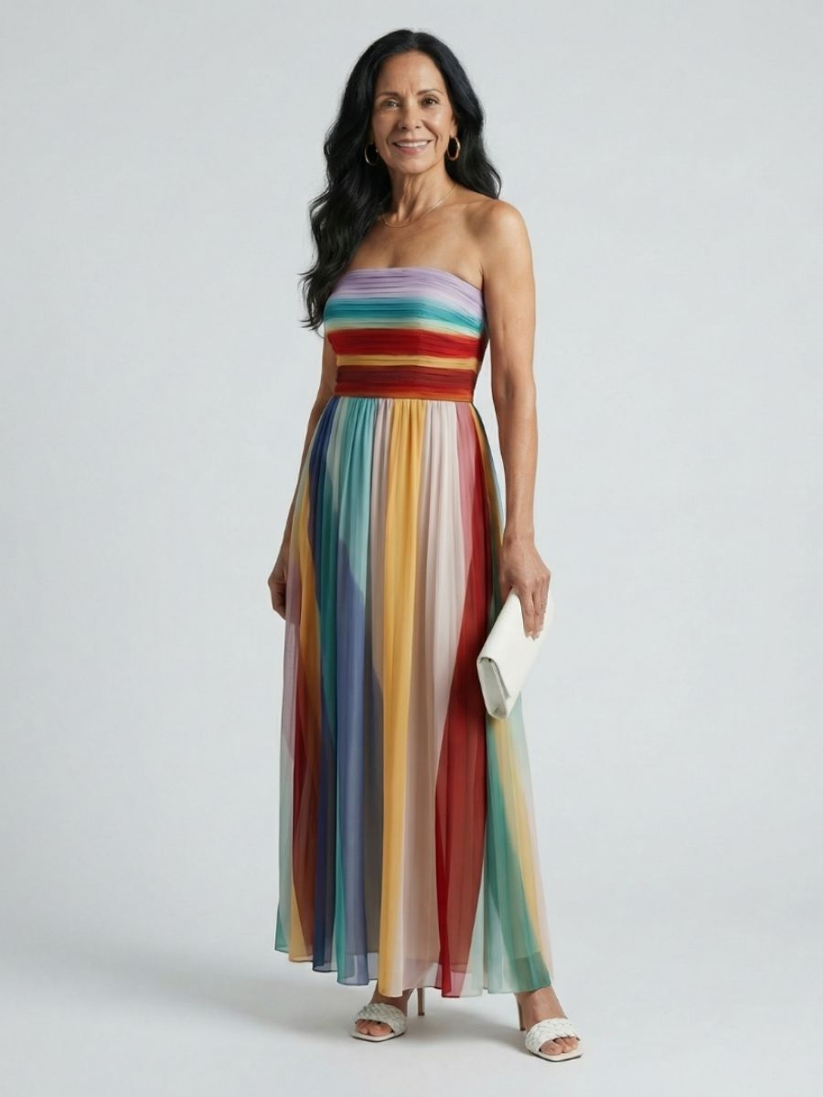 Women's Striped Strapless Maxi Dress With Pleated Skirt-Jivoca