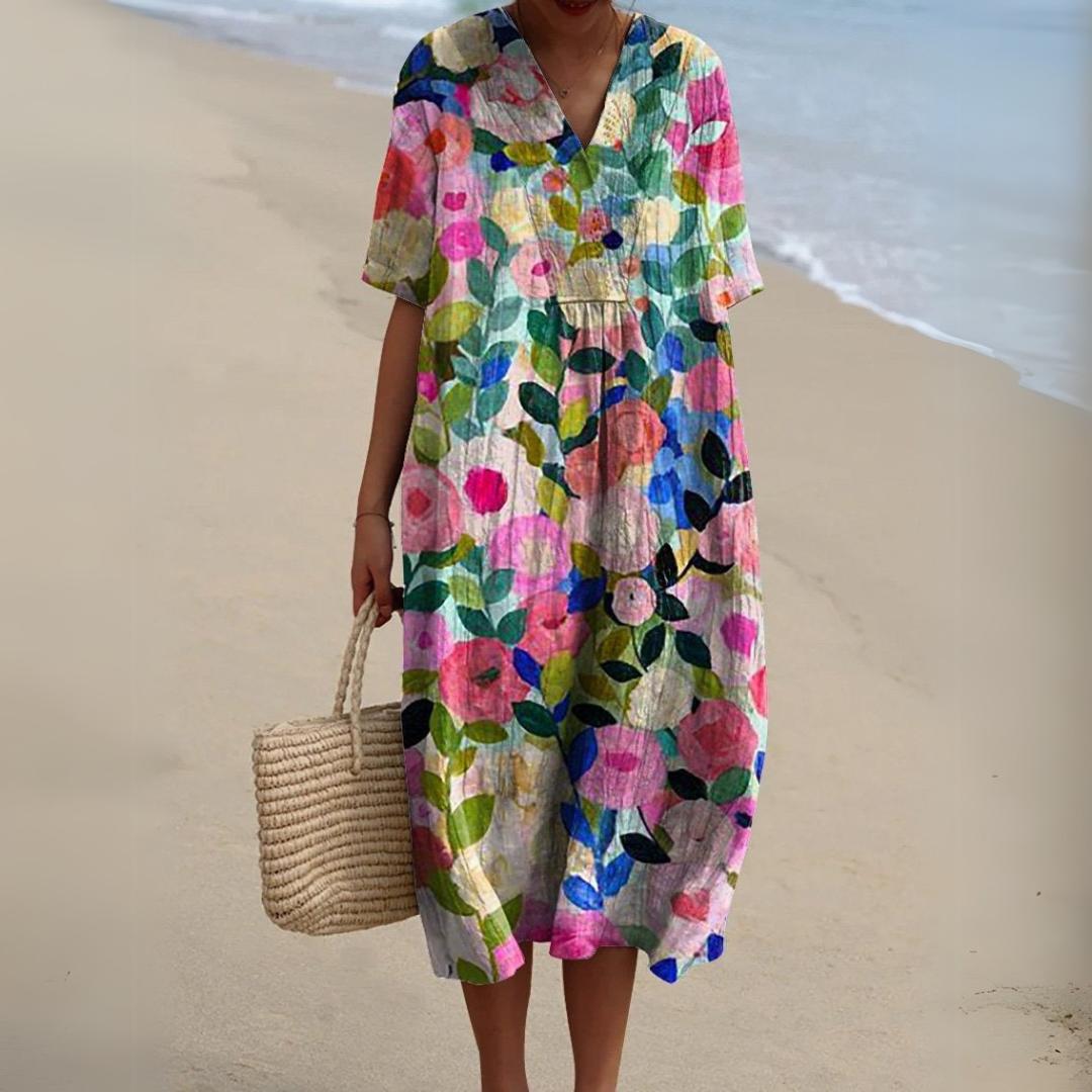 Women's Summer Multicolour V-Neck Dress-Jivoca