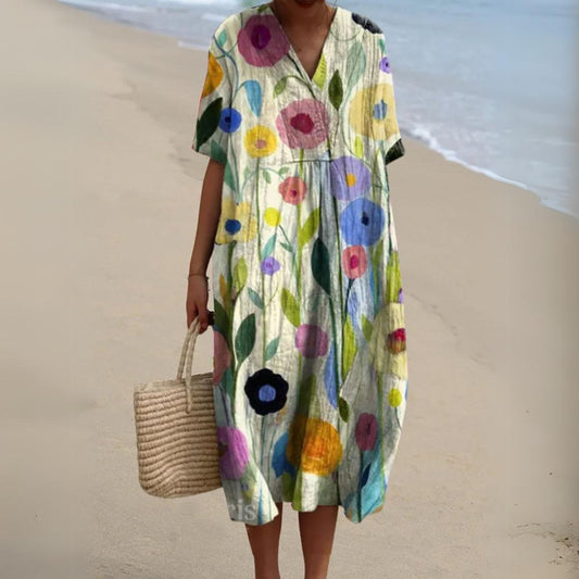 Women's Summer Multicolour V-Neck Dress-Jivoca