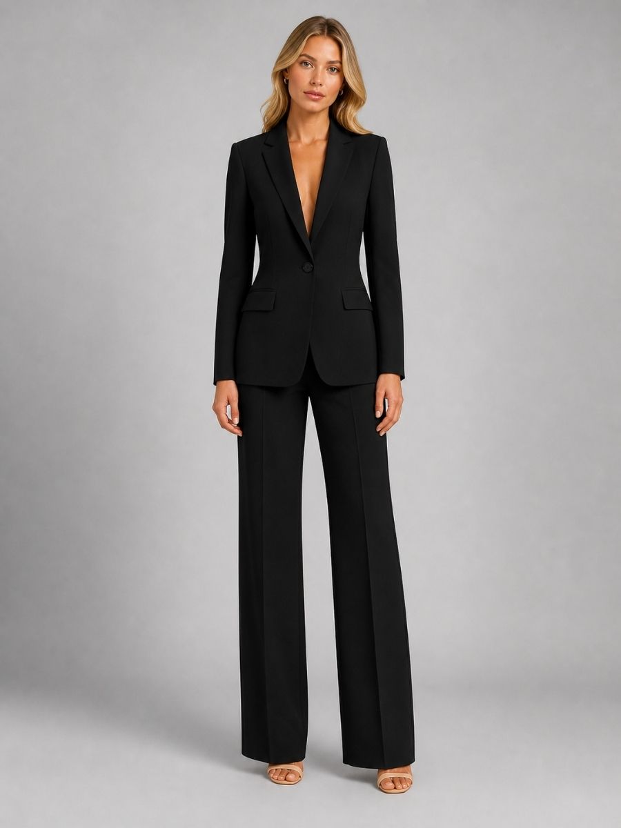 Women's Tailored Blazer And Wide-Leg Trousers Two-Piece Set-Jivoca