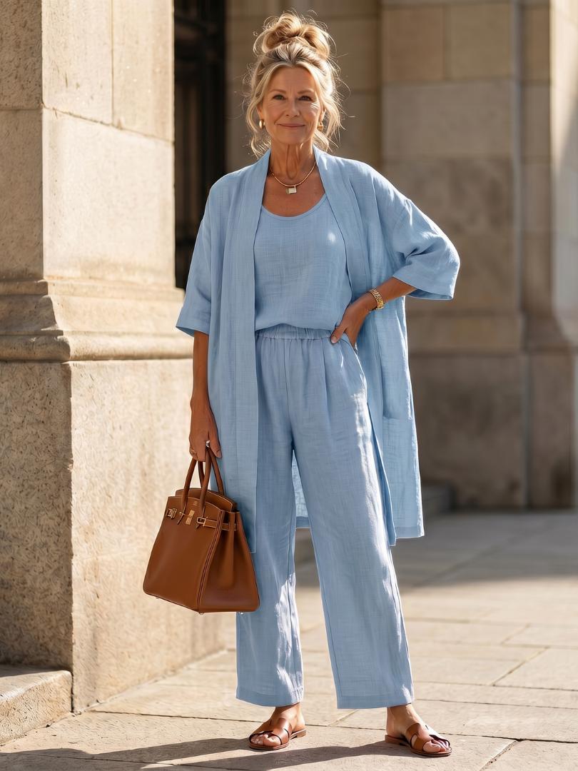 Women's Three-Piece Top and Wide-Leg Trouser Set-Jivoca