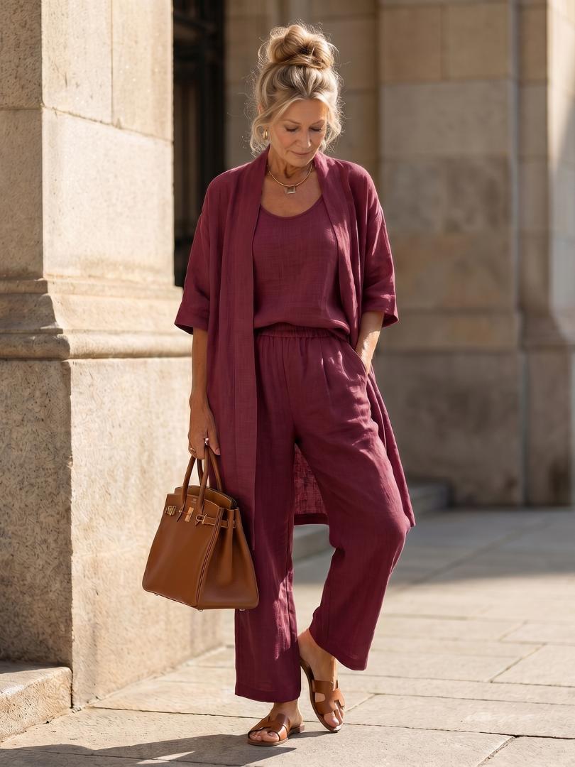 Women's Three-Piece Top and Wide-Leg Trouser Set-Jivoca