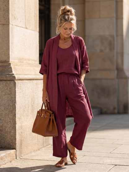 Women's Three-Piece Top and Wide-Leg Trouser Set-Jivoca