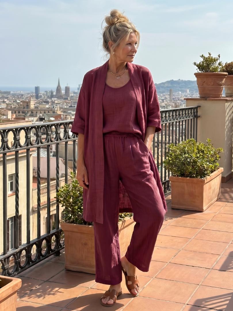 Women's Three-Piece Top and Wide-Leg Trouser Set-Jivoca