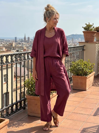 Women's Three-Piece Top and Wide-Leg Trouser Set-Jivoca