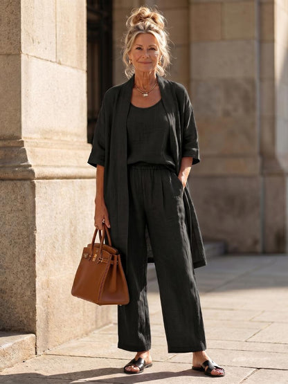 Women's Three-Piece Top and Wide-Leg Trouser Set-Jivoca