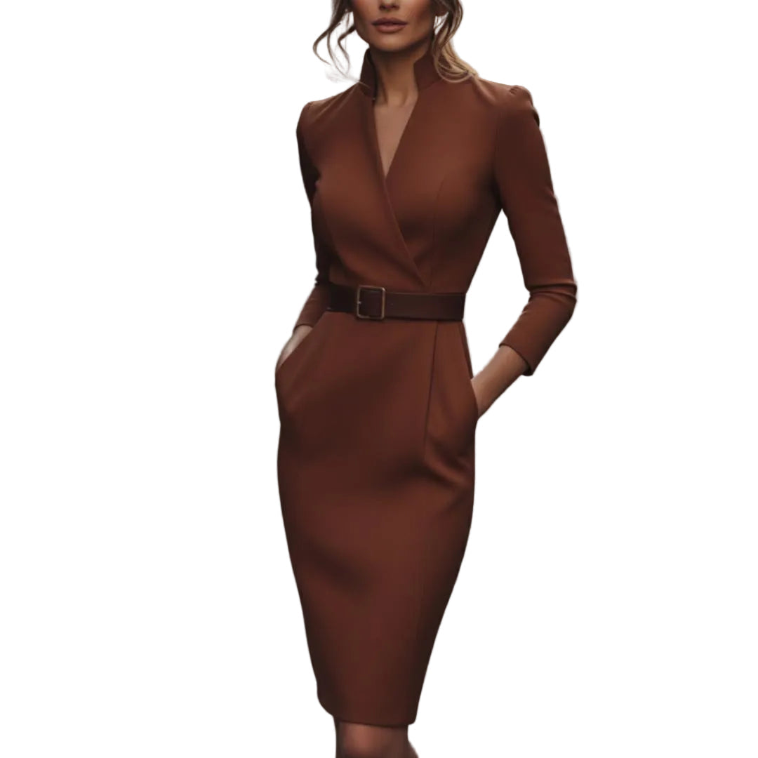 Women's V-Neck Midi Dress With 3/4 Sleeves-Jivoca