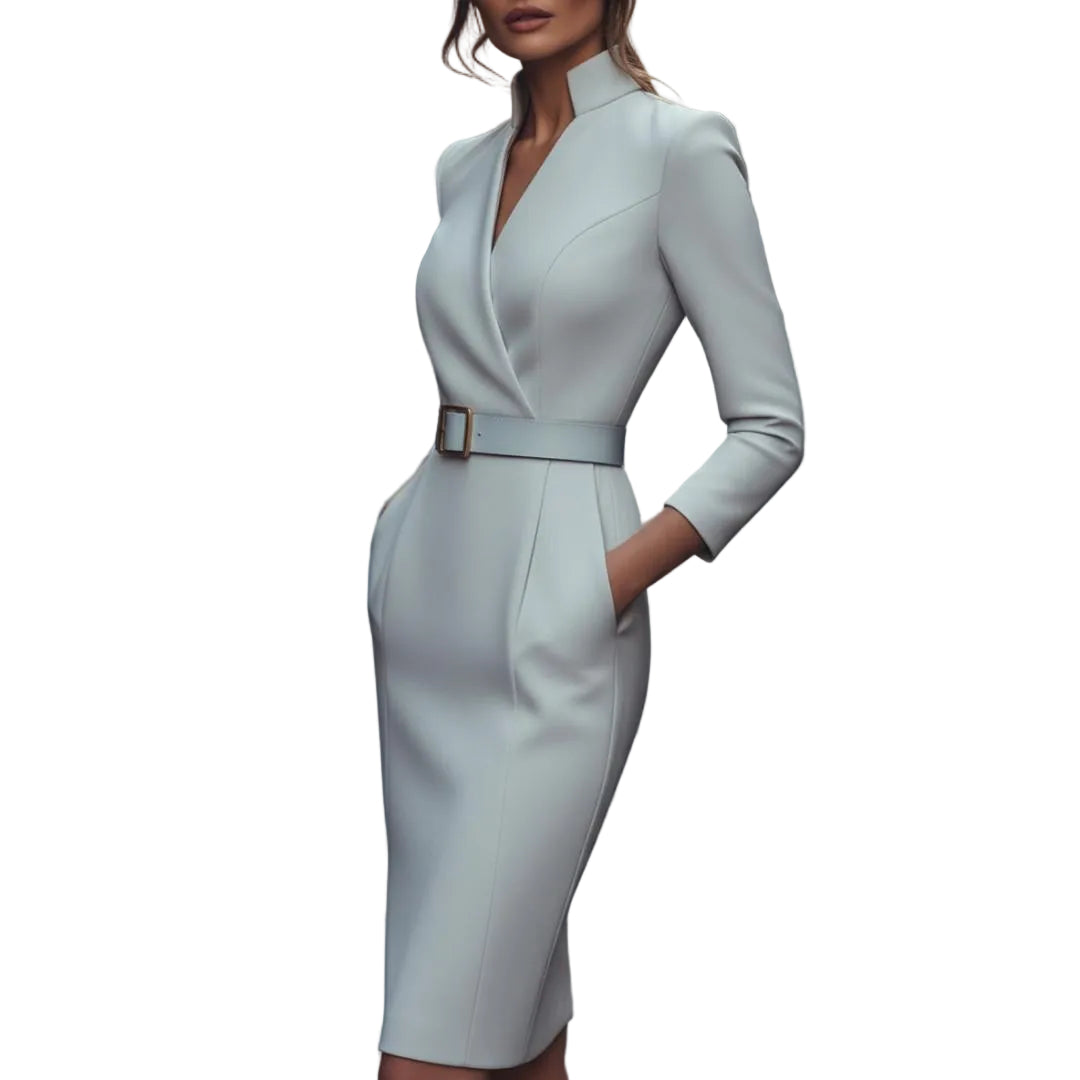 Women's V-Neck Midi Dress With 3/4 Sleeves-Jivoca