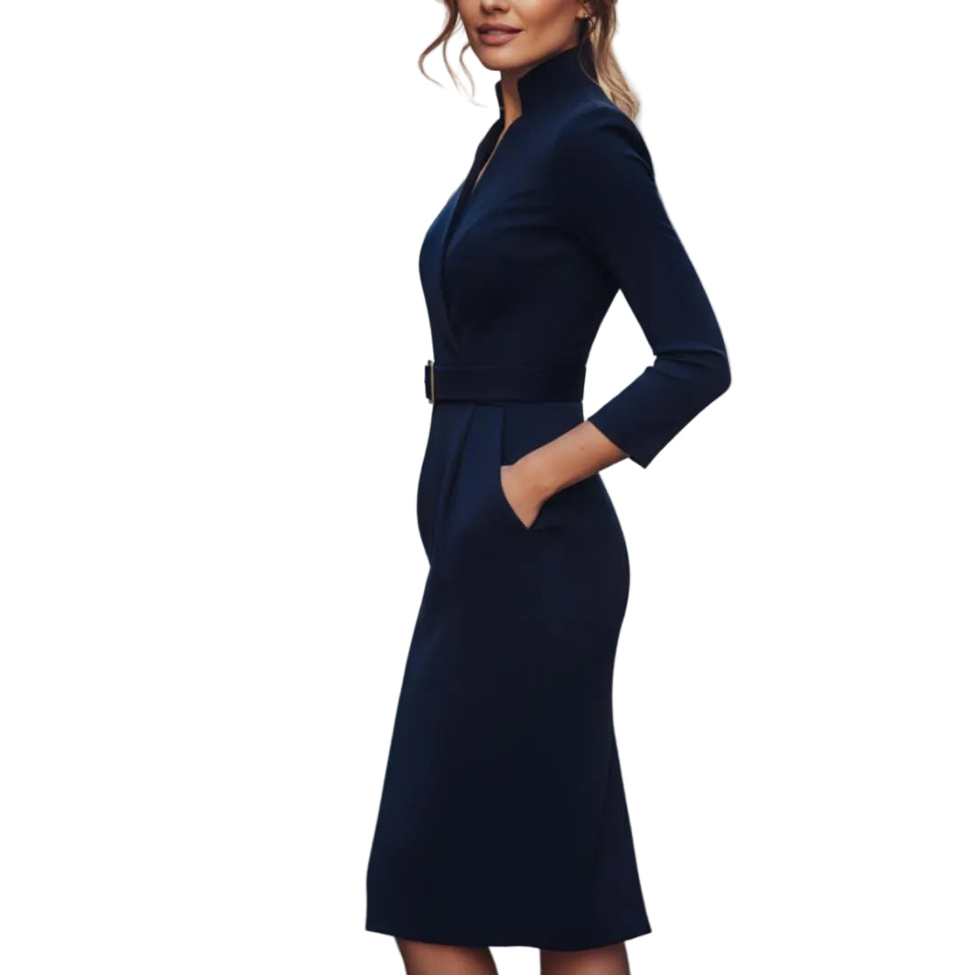 Women's V-Neck Midi Dress With 3/4 Sleeves-Jivoca