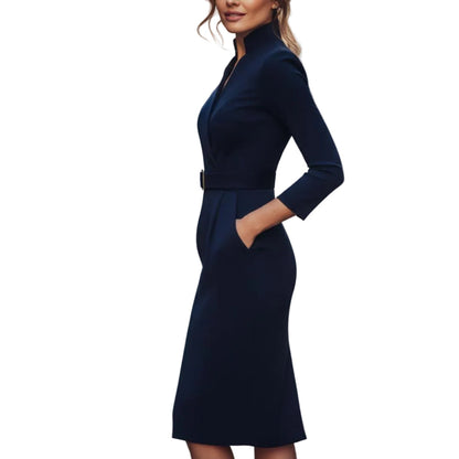 Women's V-Neck Midi Dress With 3/4 Sleeves-Jivoca