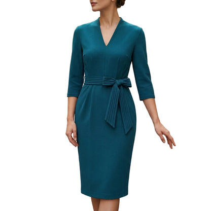 Women's V-Neck Midi Dress With Belt-Jivoca