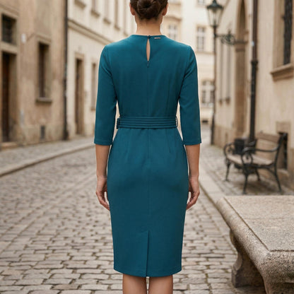 Women's V-Neck Midi Dress With Belt-Jivoca
