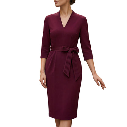Women's V-Neck Midi Dress With Belt-Jivoca