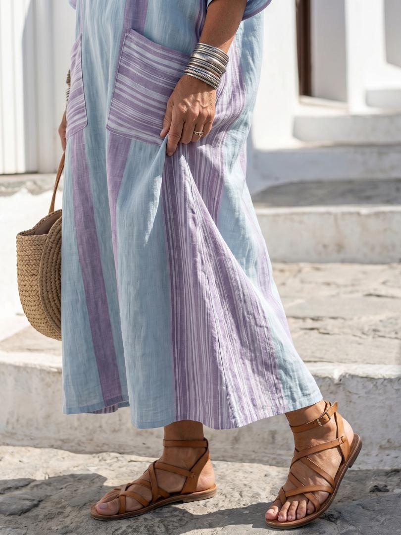 Women's V-Neck Midi Dress with Pockets-Jivoca