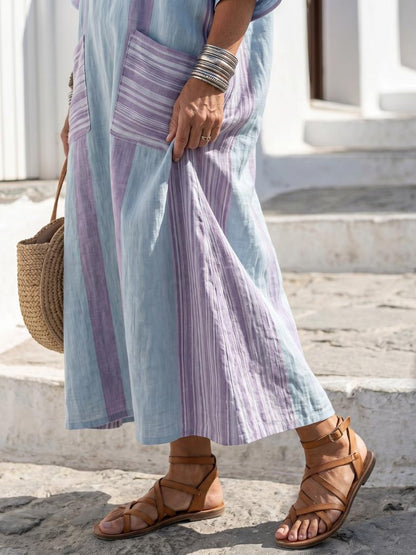 Women's V-Neck Midi Dress with Pockets-Jivoca