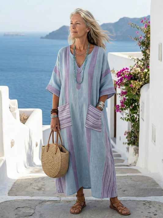 Women's V-Neck Midi Dress with Pockets-Jivoca
